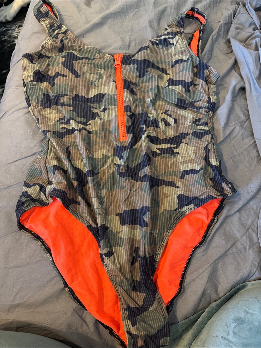 Camouflage One-Piece Swimsuit with Orange Trim